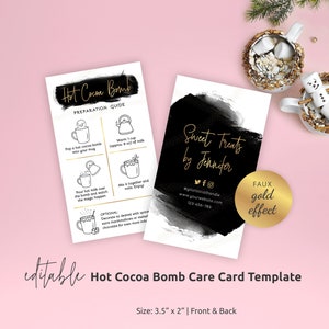 Custom Hot Cocoa Bomb Care Card, Printable Hot Chocolate Bombs Instructions Template, Black & Gold Hot Cocoa Instant Care Guide, BW-001