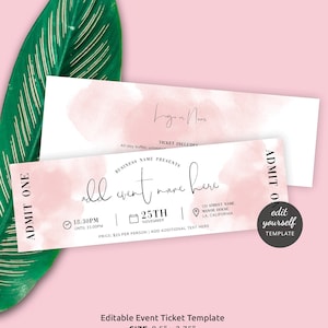 Bearbeitbare Ticketvorlage Blush Pink Aquarell, druckbarer Event-Eintrittspass, Digital Trip Ticket Design, Konzert-Eintrittstoken, WS01
