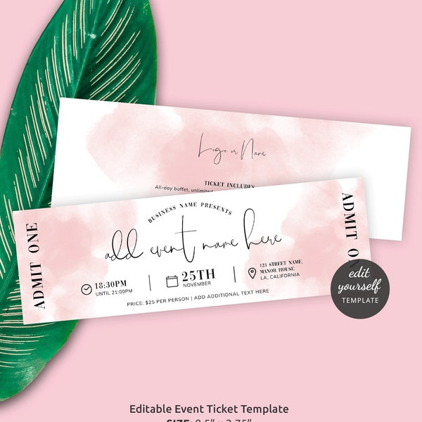 Editable Ticket Template Blush Pink Watercolor, Printable Event Entry Pass, Digital Trip Ticket Design, Concert Entrance Token, WS01