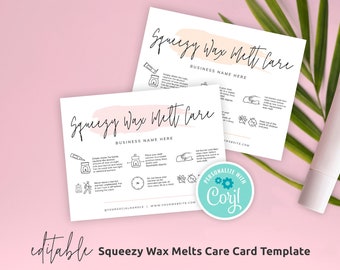 Squeezy Wax Melts Care Card Template, Squeezable Wax Melts Care Guide, Feminine Wax Melts Safety Cards, Printable Warning Cards, PW-001