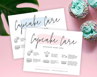 Scheda modificabile per la cura dei cupcake, modello stampabile per la cura dei cupcake, inserti per la cura dei prodotti da forno con acquerello rosa, istruzioni per la cura dei muffin, PW-001