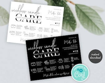 Könnte beinhalten: Zwei Karten mit Anweisungen zur Pflege von Dochtlosen Kerzen. Eine Karte ist weiß mit schwarzem Text und Illustrationen, die andere ist schwarz mit weißem Text. Die Karten enthalten den Text "wickless candle care" und "Enjoy your wickless candle".