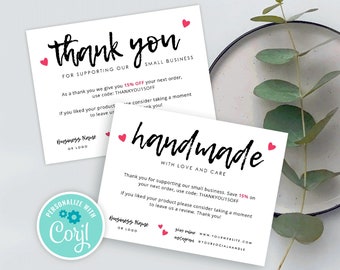 Business Thank You card template, Handmade with love thank you cards, Editable Thank you for order card design, thank you package note CORJL