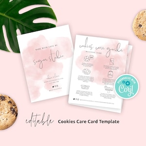 Cookies Care Card Template, Custom Cookies Care Guide, Feminine Watercolor Bakery Care Note Cards, Biscuits Care Instructions, Instant, WS01