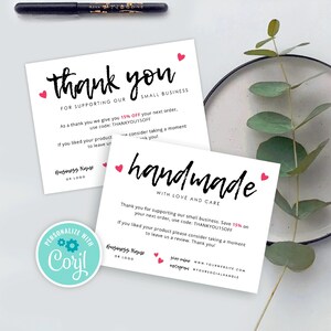 Plantilla de tarjeta de agradecimiento empresarial, tarjetas de agradecimiento hechas a mano con amor, diseño de tarjeta de agradecimiento editable por pedido, nota de paquete de agradecimiento CORJL