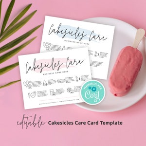 Cakesicles Care Card Template, Editable Cakesicle Care Guide, Feminine Cake Lollipops Customer Instructions, Printable Care Note, PW-001