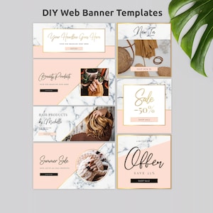 May include: Six web banner templates with a marble and pink background. The banners feature gold text and graphics. The text includes "Your Headline Goes Here", "New In", "Beauty Products", "Hair Products by Michelle", "Summer Sale", and "Limited Time Offer".