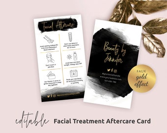 Facial Aftercare Card, Editable Facial Care Guide, Printable Salon Care Cards, Esthetician Care Template, Black & Gold, Instant, BW-001