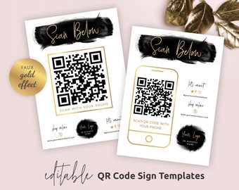 QR Code Board Template, Editable QR Scan Sign Design, Black & Gold Scan to Shop Printable Poster, Scan with Phone Instant Flyer, BW-001