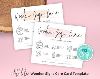 Wood Round Care Guide Template, Custom Door Hanger Care Cards, Printable Welcome Sign Care Instructions, Feminine Sign Care Tips, PW-001