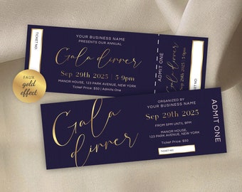 Navy & Gold Event Ticket Template, Editable Gala Night Entry Pass, Faux Gold Charity Ticket With Stub 5.5"x2", Printable Business Tickets