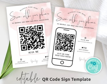Feminine QR Code Sign Template, Editable QR Code Poster, Printable Scan to Shop Flyer Design, Pink Waterbrush Scan URL Board, Instant WS01