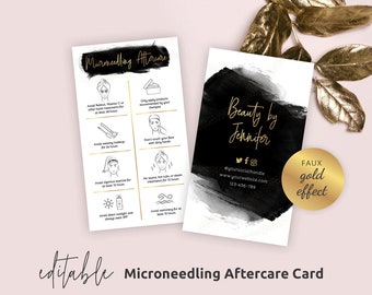 May include: A black and white business card with gold text. The front of the card has a black and white abstract design with the text "Beauty by Jennifer" in gold. The back of the card has a list of instructions for aftercare following a microneedling treatment. The instructions include avoiding retinol, vitamin C, or other harsh creams for at least 72 hours, avoiding wearing makeup for 24 hours, avoiding vigorous exercise for at least 12 hours, avoiding direct sunlight and always wearing SPF, and avoiding swimming for at least 72 hours. The card also includes the text "FAUX gold effect" in a gold circle.