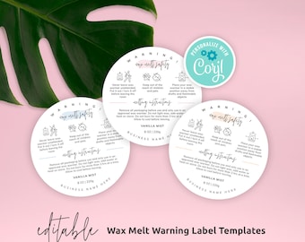 Wax Melt Warning Label Template, Editable Wax Melts Safety Labels, Round Warning Label for Wax Tart Melts 1.5" 2" and 3", Printable PW-001