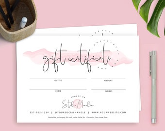 Elegant Gift Certificate Template, Watercolor Gift Voucher Design, Printable Gift Card, Editable Beauty Gift Certificate, Instant Access