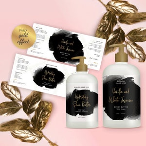 Editable 8 oz, 16 oz Label Template, Wrap Around Boston Bottle Label, Customizable Disk Cap Bottle Sticker, Printable, Black & Gold, BW-001