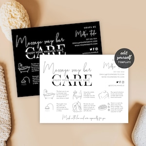 Massage Soap Care Guide Template, Custom Massage Bar Soap Care Cards, Printable Application & Storage Instructions, Minimalist M-002