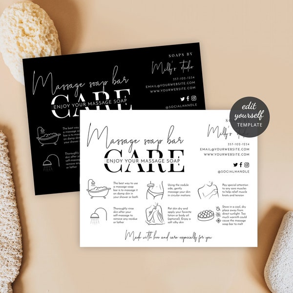 Massage Soap Care Guide Template, Custom Massage Bar Soap Care Cards, Printable Application & Storage Instructions, Minimalist M-002