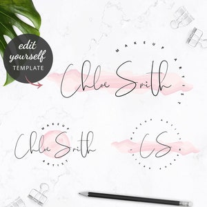 May include: Three logo designs for a makeup artist named Chloe Smith. The first logo features the name "Chloe Smith" in cursive script with a pink watercolor background. The second logo features the name "Chloe Smith" in cursive script inside a circle with a pink watercolor background. The third logo features the initials "CS" in a circle with a pink watercolor background.