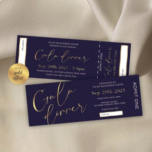 Navy & Gold Event Ticket Template, Editable Gala Night Entry Pass, Faux Gold Charity Ticket With Stub 5.5"x2", Printable Business Tickets