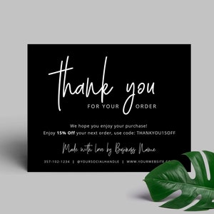 Plantilla imprimible de tarjeta de agradecimiento empresarial, nota de agradecimiento por su pedido, folletos en blanco y negro, descarga digital M-001