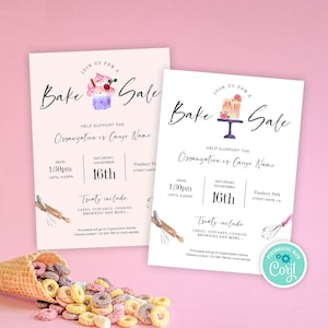 Szablon ulotki DIY Bake Sale, edytowalny projekt zaproszenia na wydarzenie charytatywne, drukowana ulotka marketingowa na cele charytatywne, akwarela kobieca, WCA-01