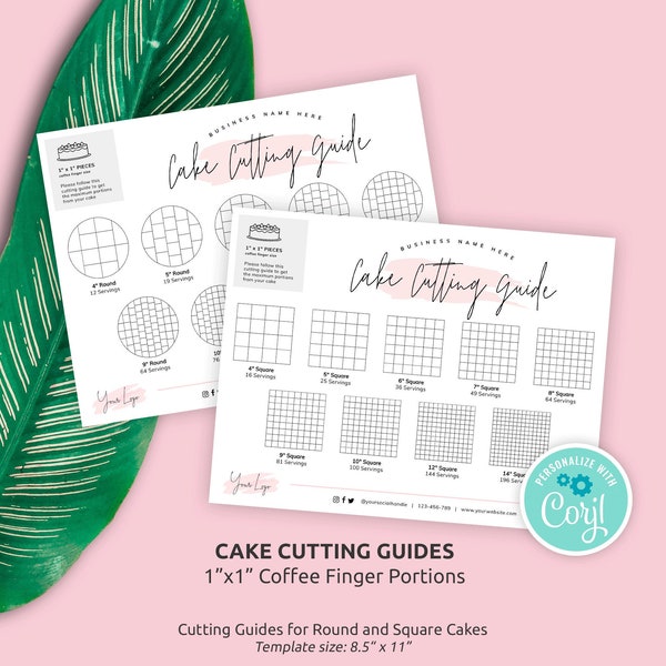 Cake Cutting Guides 1x1" Portion, Printable Round & Square Cakes Cutting Instructions, Finger Serving Cake Cutting Diagram Template, PW-001