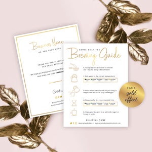 Tea Brewing Guide Template, Loose Tea Brewing Instructions, Tea Preparation Order Inserts, Instant Download, Gold Foil effect, Corjl, GF-01