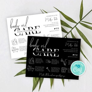 Minimalist Body Oil Care Card Template, Editable Dry Oil Application Instructions, Printable Body Serum Customer Care Guide, M-002