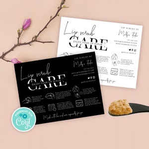 May include: Two black and white cards with instructions on how to use lip scrubs. The cards have the text "Lip scrub care" and "Enjoy your lip scrub" on them. The cards are on a pink background.