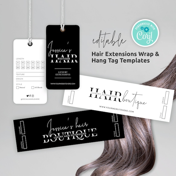 Hair Extensions Bundle Wrap Minimalist, Editable Hair Boutique Hang Tag Template, Printable Modern Hair Wrapper Branding Kit Design, M-002