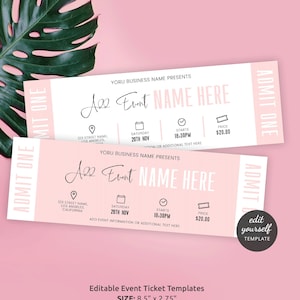 Feminine Ereigniskartenvorlage, bearbeitbarer Business-Eintrittspass 8,5 x 2,75", Reise- oder Konzertgeschenkkarte Blush Pink & Weiß, Instant P01