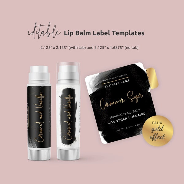 Lip Balm Tube Label Template Black & Gold, Custom Lipstick Sticker, Gold Foil Effect, Lip Gloss 5g Container Label, Packaging Design BW-001