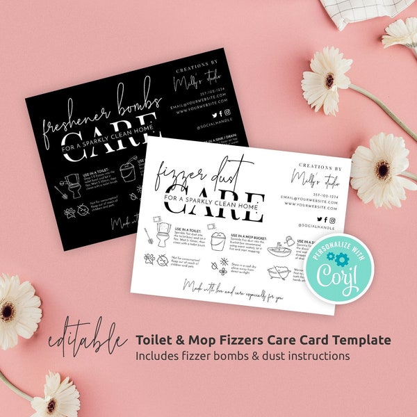 Mop Fizzers Care Card Template, Custom Toilet Bomb Care Guide, Printable Sink Fizzies Instructions, Minimal Cleaning Dust Safety, M-002