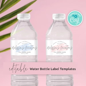 Editable Water Bottle Label Template, Custom Still Water Wrapper, Feminine Watercolor Bottle Wrap Around Sticker 8&quot;x2&quot;, Printable PW-001