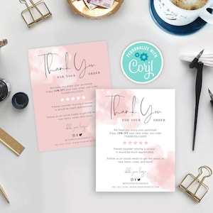 Tarjetas de agradecimiento para empresas (DIY), plantilla editable para tarjetas de agradecimiento por compras, insertos para paquetes de agradecimiento para clientes, acuarela, WS01