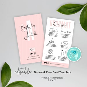 Puede incluir: Plantilla de tarjeta de cuidado de felpudo imprimible en rosa y blanco con instrucciones sobre cómo limpiar y cuidar un felpudo. La plantilla mide 3,5 pulgadas por 2 pulgadas y es editable. El texto de la tarjeta dice "Guía de cuidado del felpudo" e incluye iconos para sacudir, aspirar, limpiar manchas y evitar el agua.