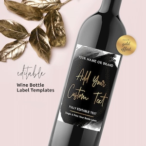 Custom Wine Bottle Label Template, Black & Gold Bottle Sticker Design, Editable and Printable Wine Packaging Template, Instant BW-001
