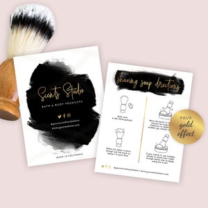 Shaving Soap Care Card Template, Editable Shaving Bar Care Guide, Black & Gold, Printable Shaving Soap Directions of Use, Instant BW-001