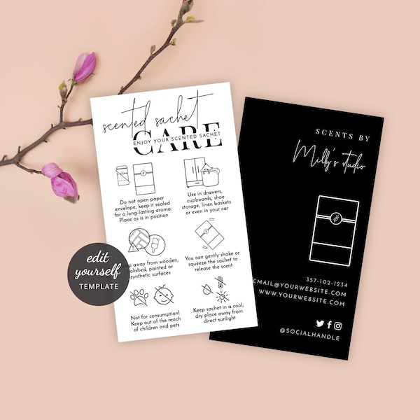 Aroma Beads Care Guide Template, Scented Sachet Care Card, Printable Wardrobe Freshener Care Note, Perfume Drops Safety Instructions, M-002