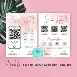 Feminine Scan QR-Code-Vorlage, Benutzerdefinierte Scan Hier zu zahlen Zeichen Printable, Aquarell Digitale Zahlung Scan Rack Card, Instant Download, WS01