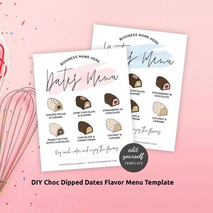 Chocolate Covered Dates Menu Template, Editable Stuffed Dates Flavor Sign, Printable Feminine Bakery Menu 8x10&quot; and 5.5x4.25&quot;, PW-001