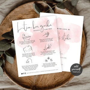 Solid Lotion Bar Anwendungsleitfaden Vorlage, Anpassbare Body Butter Bar Pflege Karte, druckbare Anleitung, Feminine Rosa Aquarell WS01