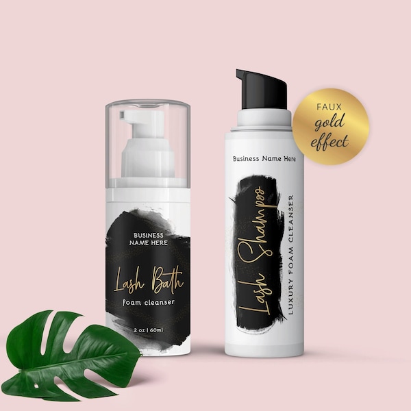 Lash Foam Bottle Label Template, Eyelash Cleanser Wrap Around Sticker, Editable 30ml 50ml 60ml Lash Shampoo Branding Black & Gold, BW-001