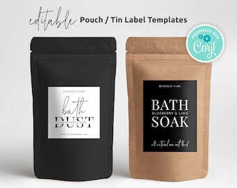 May include: Two product label templates for bath products. The first label is black with white text and says "bath dust lavender & sage made in California | 102". The second label is brown with black text and says "bath soak blueberry & lime all natural sea salt blend".