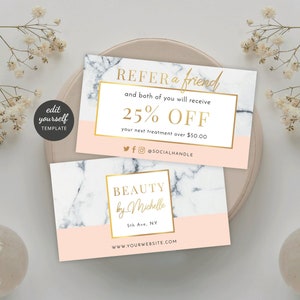 Modelo de indicação de amigo Marble & Gold, cartões de visita para indicação de salão de beleza, cartão de desconto personalizado para clientes, modelo de recompensas para impressão MG01