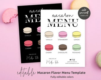 May include: Two macaron menu templates on a pink backdrop. The menus have a black and white design with macaron illustrations and flavours like vanilla, strawberry, and cherry. The text "Macaron Menu" is displayed prominently.