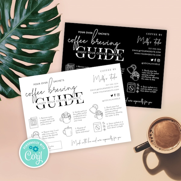 Coffee Brewing Guide Template, Editable Drip Coffee Instructions, Minimalist Pour Over Coffee Sachet Care Card Design, Instant Access, M-002