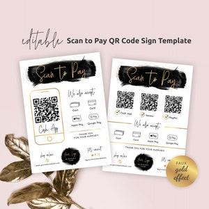 Sjabloon voor bord met QR-code scannen om te betalen, afdrukbare scan-to-pay-signalisatieontwerp, bewerkbare poster met QR-code betalingsopties, zwart-goud BW-001