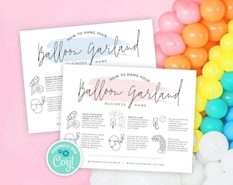 Plantilla de tarjeta con instrucciones para guirnalda de globos, guía editable para montar globos en la pared, tarjeta de instrucciones para la decoración con globos con diseño femenino, PW-001